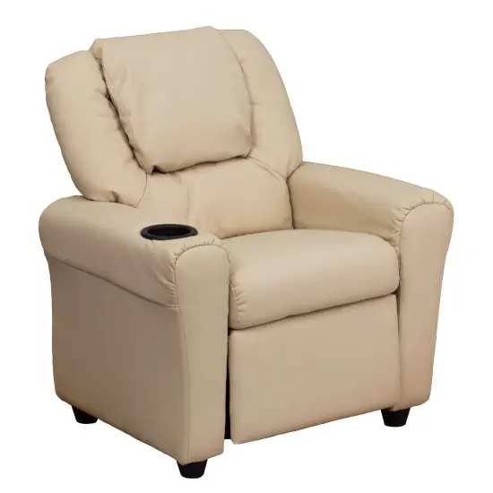 Emma and Oliver Contemporary Kids Recliner with Cup Holder and Headrest Beige Vinyl {1}