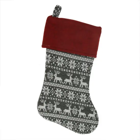 Northlight 19" Festive Grey, White and Red Snowflakes & Reindeer Knit Christmas Stocking {1}