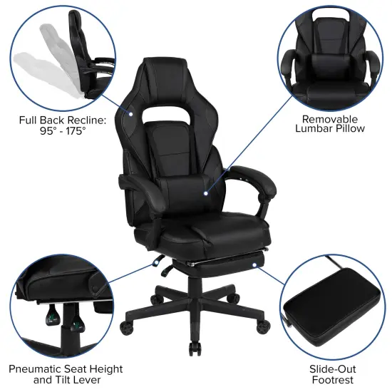 Emma and Oliver Ergonomic Gaming Chair -Recline Back/Arms, Footrest, Massaging Lumbar Black {2}