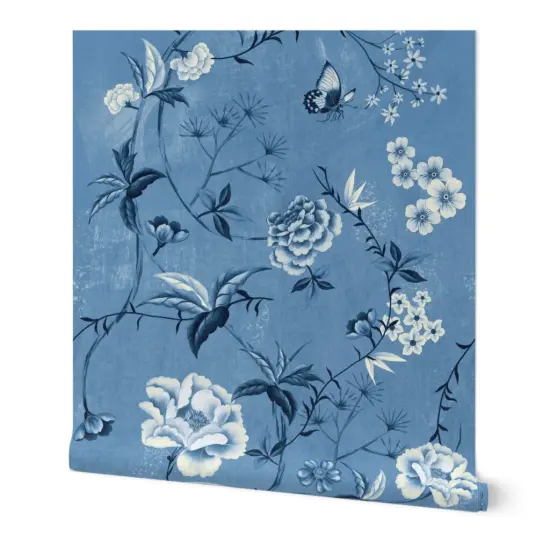 Peel & Stick Wallpaper 2FT Wide Victorian Floral Blue And White Chinoiserie New Romanticism Large Scale Custom Removable Wallpaper by Spoonflower {7}