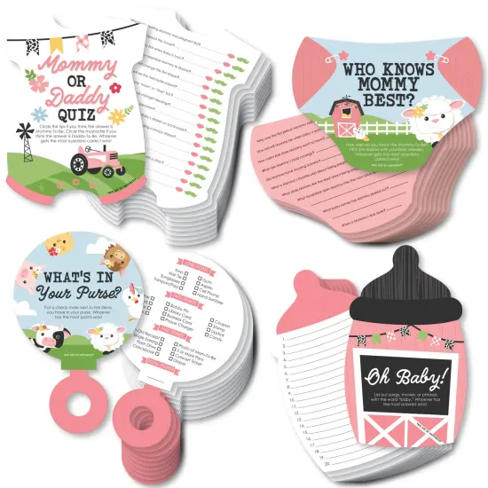 Big Dot of Happiness Girl Farm Animals - 4 Pink Barnyard Baby Shower Games - 10 Cards Each - Gamerific Bundle {1}