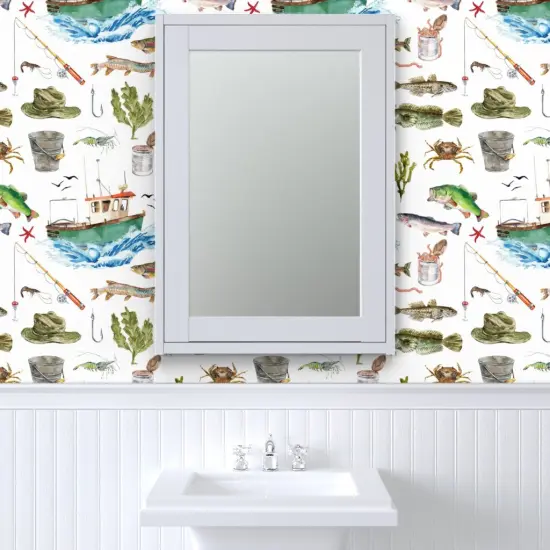 Pre-Pasted Wallpaper 2FT Wide Watercolor Adventure Fish Boat Nautical Custom Pre-pasted Wallpaper by Spoonflower {6}