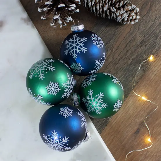 Northlight Glittered Snowflakes Glass Christmas Ball Ornaments - 2.5" (67mm) - Blue and Green - 4ct {3}