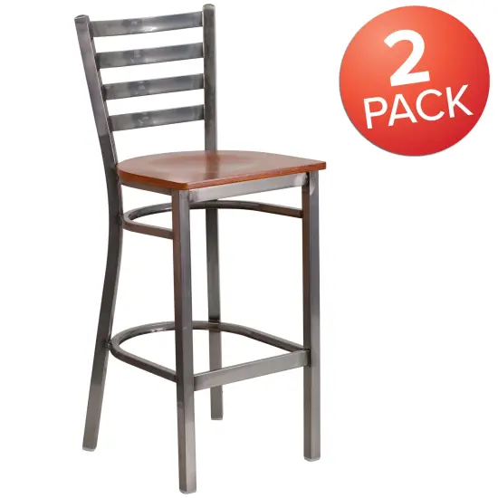 Emma and Oliver 2 Pack Clear Coated Ladder Back Metal Restaurant Barstool BurgundVyl/ClearCoat {11}