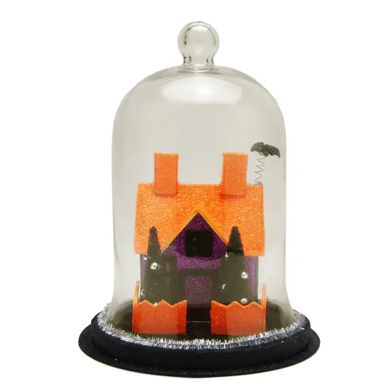 Midwest 9.75" Clear and Orange LED Spooky House with a Bat on the Roof Halloween Cloche {1}
