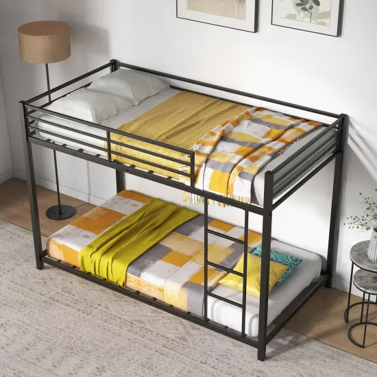 Twin Over Twin Metal Bunk Bed, Low Profile, Safe, No Box-Spring Black {3}