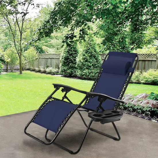 Outdoor Folding Zero Gravity Reclining Lounge Chair with Utility Tray Blue {2}