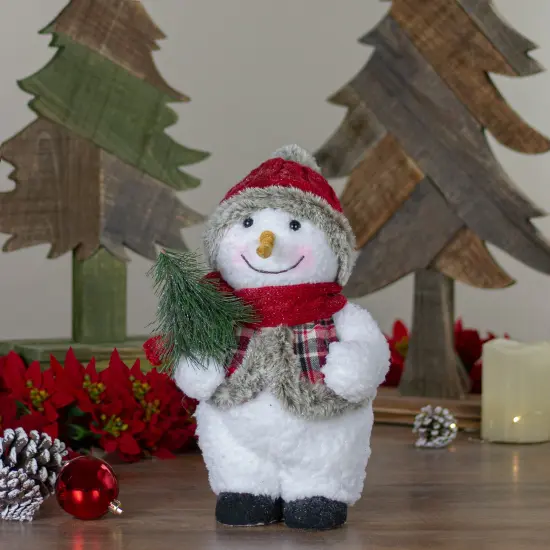 Northlight Plush Snowman with Pine Sprig Wearing Plaid Vest Christmas Figure - 10" White {3}
