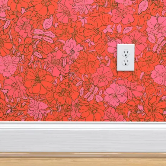 Peel & Stick Wallpaper 2FT Wide Red Floral Pink Retro Flowers Hand Drawn Small Scale Monochromatic Custom Removable Wallpaper by Spoonflower {4}