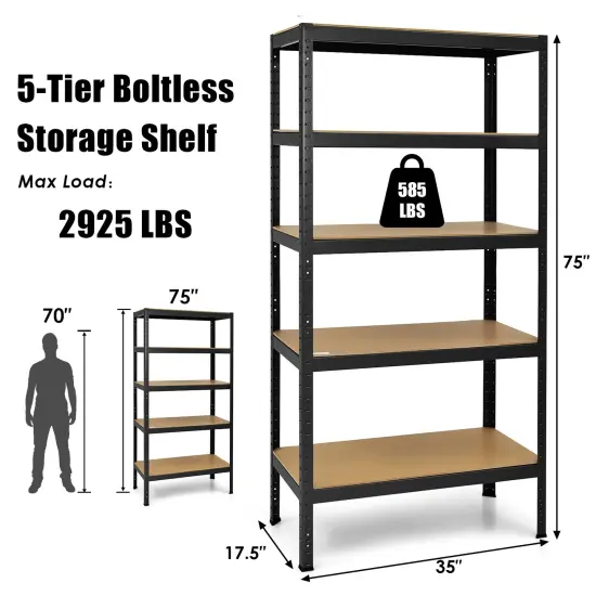 5 Tier Garage Storage Shelf Heavy Duty Steel Rack with Adjustable MDF Shelves for Home and Shop Black {5}