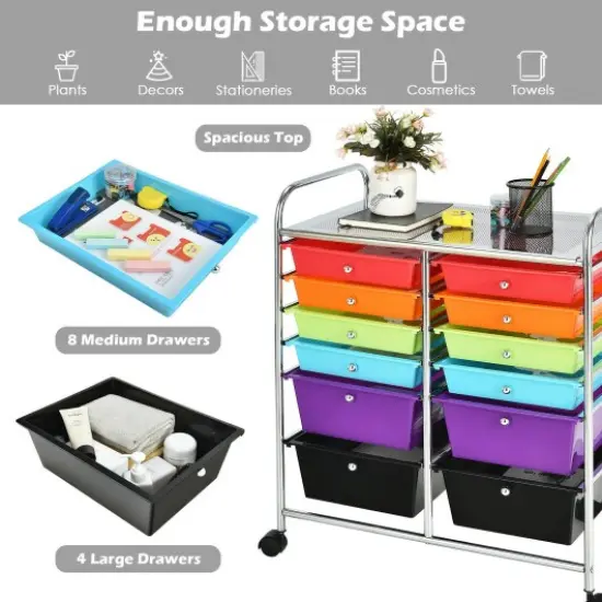 Mobile 12-Drawer Storage Organizer Cart with Ventilated Top Locking Wheels and Sturdy Frame Deep Multicolor {3}