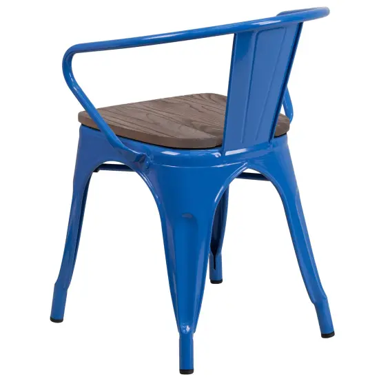 Emma and Oliver Metal Chair with Wood Seat and Arms Blue {3}