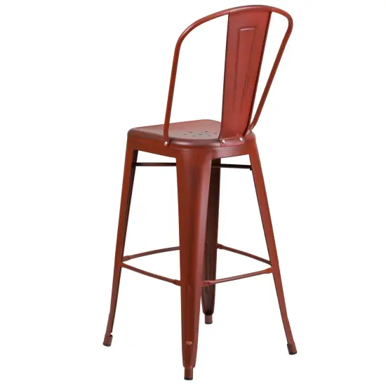 Merrick Lane Sabine Metal Indoor-Outdoor Counter Stool with Vertical Slat Back and Integrated Footrest Kelly Red {4}