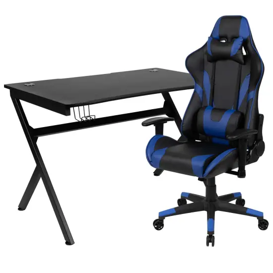 Emma and Oliver Gaming Bundle-Desk, Cup Holder/Headphone Hook & Reclining Chair Blue {1}