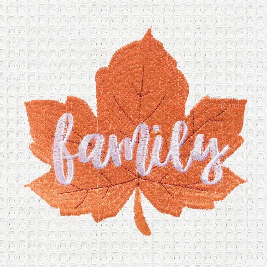 "Family" Leaf Embroidered Waffle Weave Kitchen Autumn Dishtowel {5}