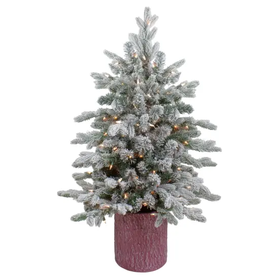 Northlight Real Touch&trade;️ Pre-Lit Medium Saratoga Spruce Flocked Artificial Potted Christmas Tree 4' - Clear Lights Green {1}