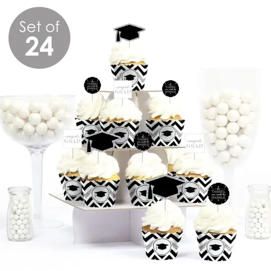 Big Dot of Happiness Tassel Worth The Hassle - Silver - Cupcake Wrappers and Treat Picks Kit - Set of 24 {3}