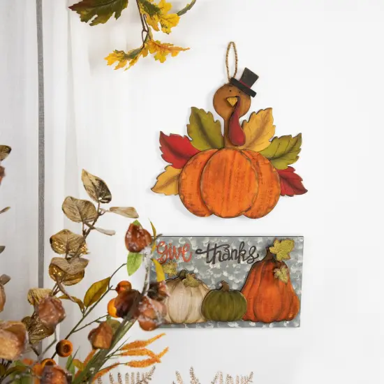 Northlight 16.5" "Give Thanks" Fall Harvest Pumpkin Wall Sign Orange {3}