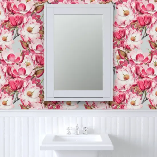 Pre-Pasted Wallpaper 2FT Wide Garden Floral Magnolia Botanical Large Scale Flowers Summer Spring Preppy Custom Pre-pasted Wallpaper by Spoonflower {6}