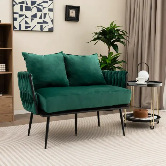 Costway Modern Loveseat Sofa Upholstered Dutch Velvet Couch with Woven Back & Arms Green/Grey {8}