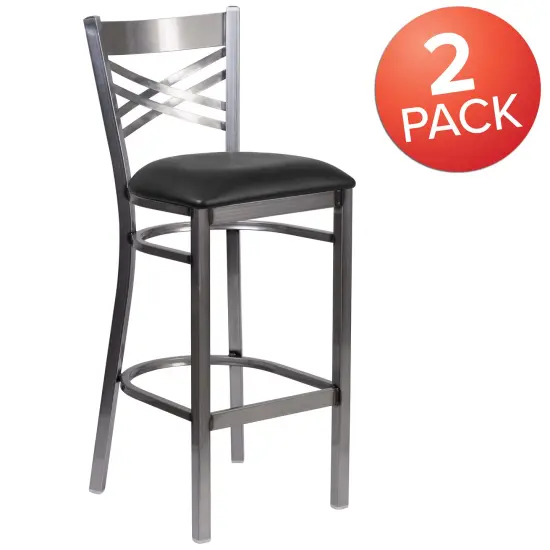 Emma and Oliver 2 Pack Clear Coated "X" Back Metal Restaurant Barstool BlackVYL/ClearCoated {5}