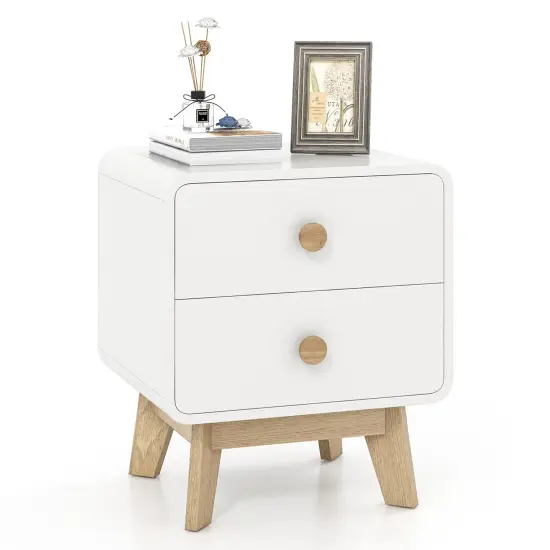 Costway 1/2 PCS Nightstand Mid Century Modern Bedside Table with 2 Drawers Solid Rubber Wood Legs White {7}