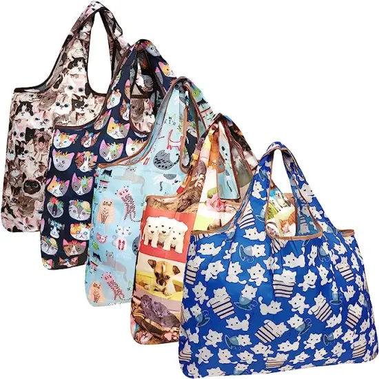 Wrapables Large Foldable Tote Nylon Reusable Grocery Bags, 5 Pack Cats Everywhere {1}