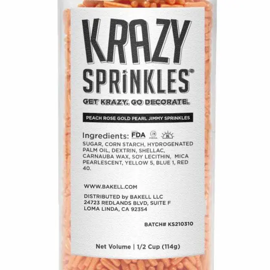 Krazy Sprinkles - Peach Rose Gold Jimmies (1/2 Cup, 1x Jar) for Cakes, Ice Cream & Cookies {3}