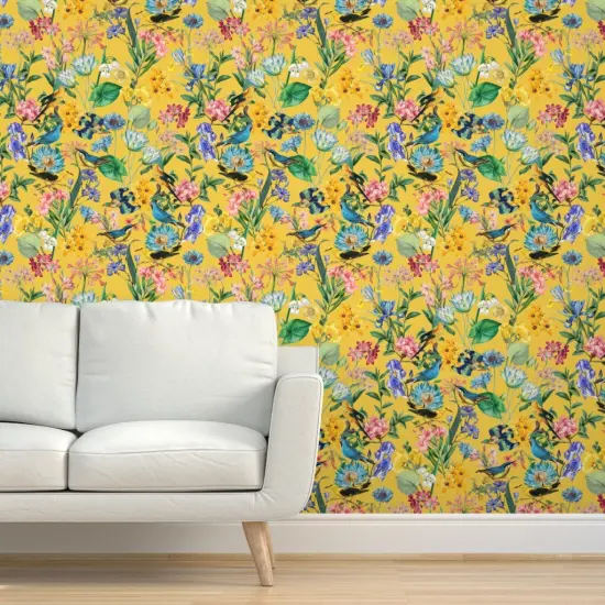 Peel & Stick Wallpaper 2FT Wide Rainforest Jungle Yellow Hand Drawn Botanical Tropical Birds Custom Removable Wallpaper by Spoonflower {5}