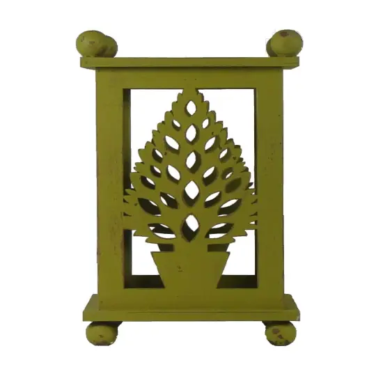 Melrose 12.5" Pistachio Green Distressed Summer Tree Cut-Out Pillar Candle Lantern {1}