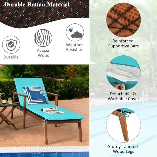 Costway 3PCS Patio Rattan Lounge Chair Folding Table Set Chaise Wood Cushioned White\Turquoise {6}