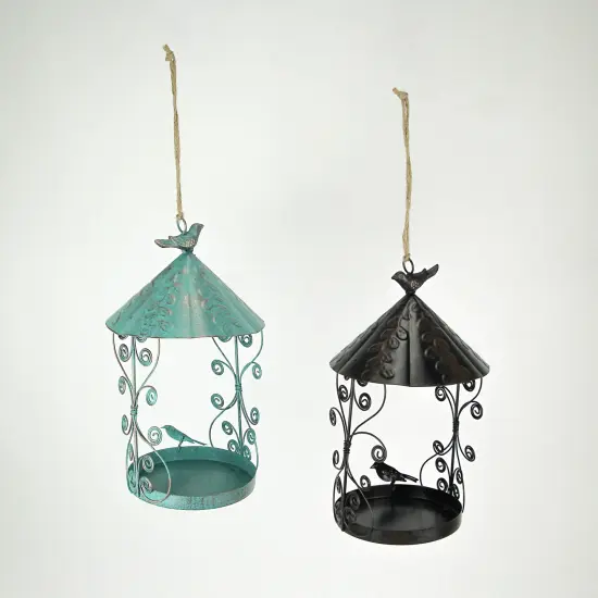 Rust Teal Metal Hanging Bird Feeder Outdoor Decorative Garden Seed Tray Set of 2 {3}