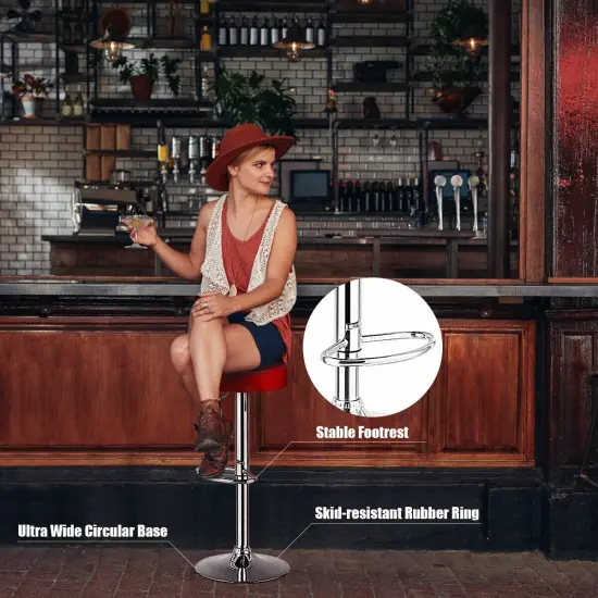 Set of 2 Height Adjustable Swivel Round Bar Stool with Stainless Steel Chrome Base Perfect for Seating in Any Room Red {3}