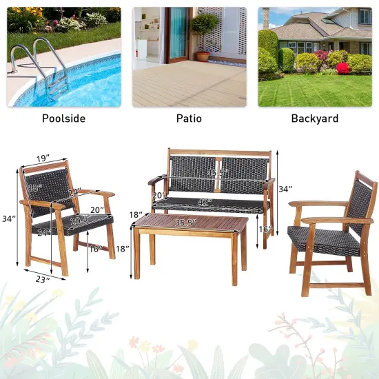 Costway 4 PCS Patio Rattan Furniture Set Acacia Wood Frame Sofa Loveseat Garden {4}
