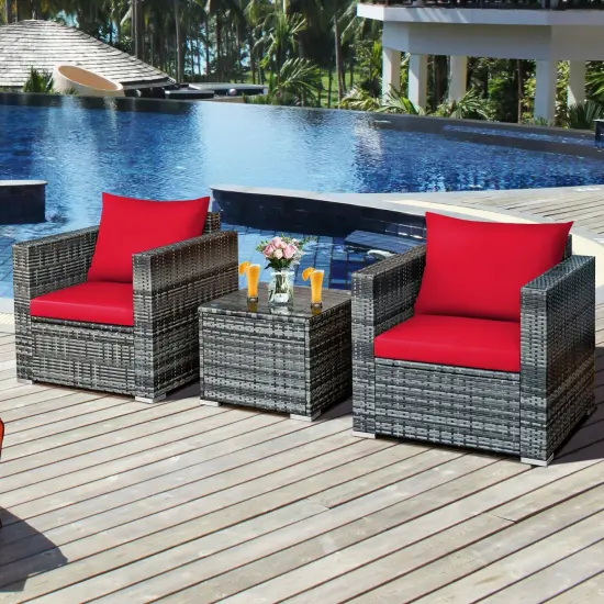 3 Pcs Patio Rattan Furniture Bistro Sofa Set with Cushioned Red {2}