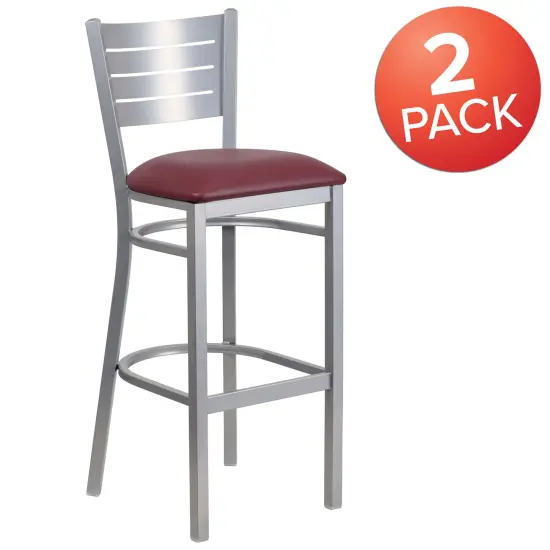 Emma and Oliver 2 Pack Silver Slat Back Metal Restaurant Barstool BurgundyVinyl/Silver {5}