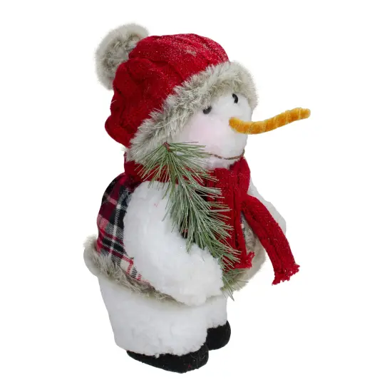 Northlight Plush Snowman with Pine Sprig Wearing Plaid Vest Christmas Figure - 10" White {4}