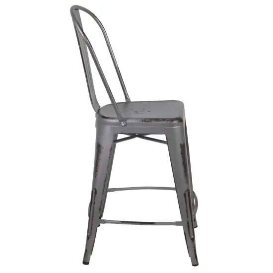 Emma and Oliver Commercial Grade 4 Pack 24" High Distressed Metal Indoor-Outdoor Counter Height Stool with Back Black {9}