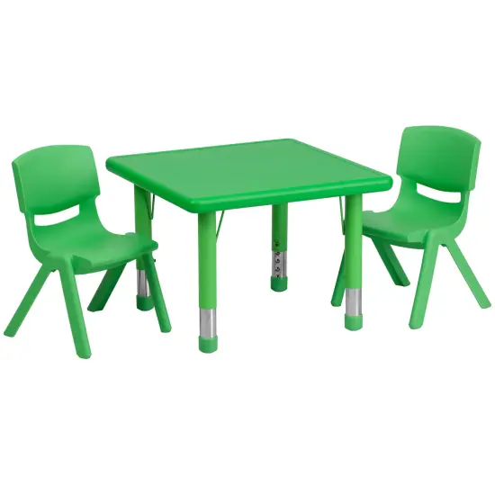 Emma and Oliver 24" Square Plastic Height Adjustable Activity Table Set with 2 Chairs Green {1}