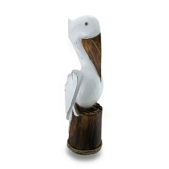 Hand Carved / Painted Wooden Pelican On Piling Statue Coastal {1}