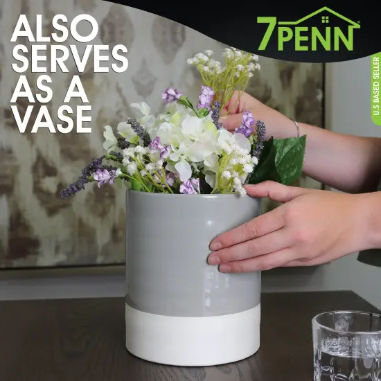 7Penn Large Kitchen Utensil Holder for Countertop - Gray and White Ceramic Crock {6}