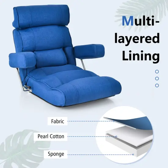 Foldable Floor Sofa Chair with 6-Position Adjustable Headrest and Metal Frame Blue {6}