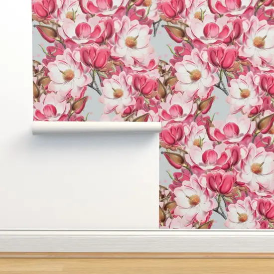 Pre-Pasted Wallpaper 2FT Wide Garden Floral Magnolia Botanical Large Scale Flowers Summer Spring Preppy Custom Pre-pasted Wallpaper by Spoonflower {2}