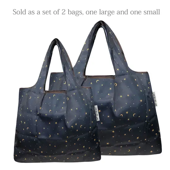Wrapables Large & Small Foldable Tote Nylon Reusable Grocery Bags, Set of 2 Moon & Stars {3}