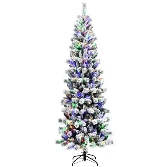 Costway 8FT Pre-Lit Hinged Christmas Tree Snow Flocked w/ 9 Modes Remote Control Lights {1}