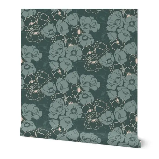 Peel & Stick Wallpaper 2FT Wide Emerald Modern Floral Botanical Blush Custom Removable Wallpaper by Spoonflower {7}