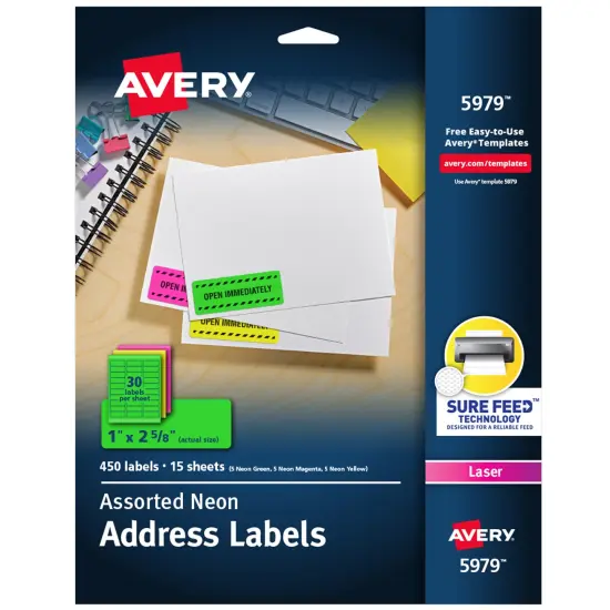 Avery Printable Address Labels with Sure Feed, 1" x 2-5/8", Assorted Neon (Magenta, Green and Yellow), 450 Blank Mailing Labels for Laser and Inkjet Printers (5979) {1}