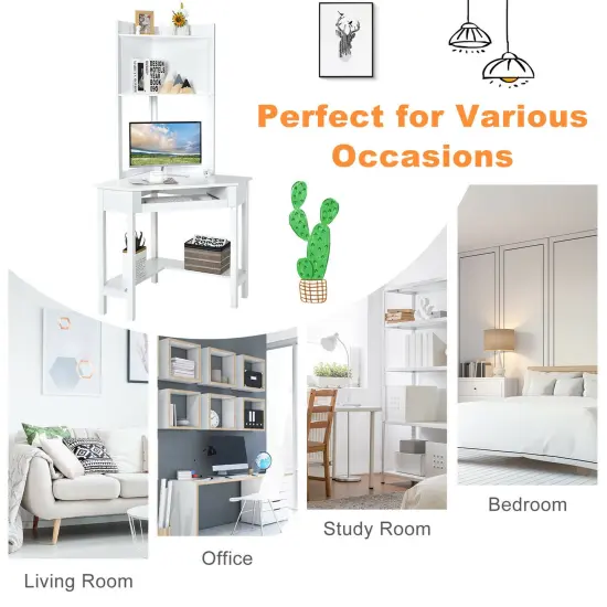 Costway Corner Computer Desk Triangle Study Desk w/ Hutch & Keyboard Tray {5}