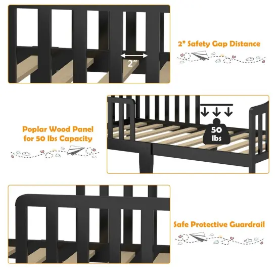 Classic Design Kids Wood Bed Frame with Two Side Safety Guardrails Black {5}