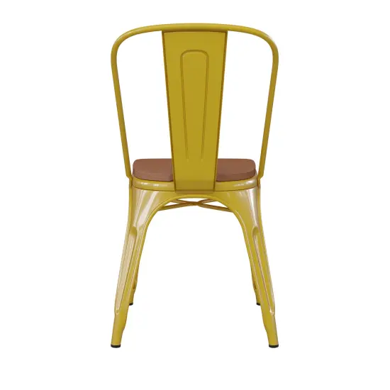 Emma and Oliver Perth Metal Stacking Dining Chairs with Poly Resin Seats for Indoor/Outdoor Use Yellow/Teak {4}